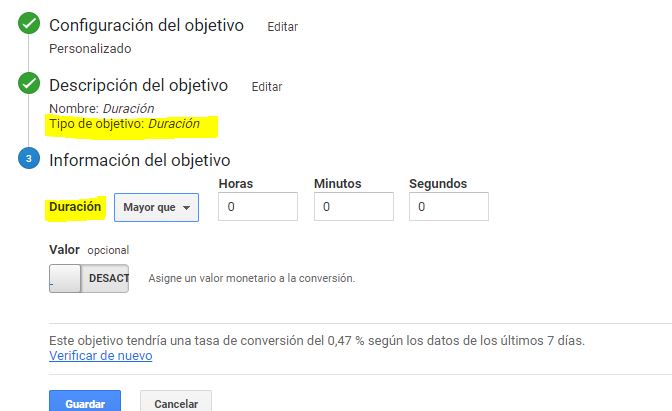 objetivo analytics tipo duración