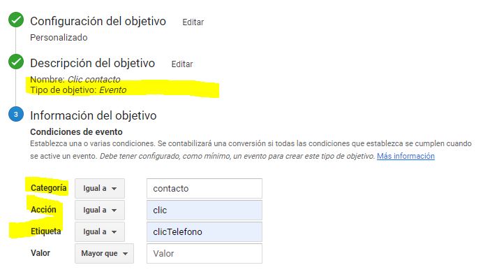 objetivo analytics tipo evento